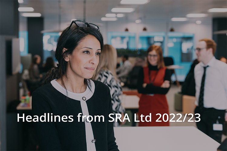 A professional woman stands foreground in an office environment, with colleagues in conversation behind her. Text overlay reads: "Headlines from SRA Ltd 2022/23.